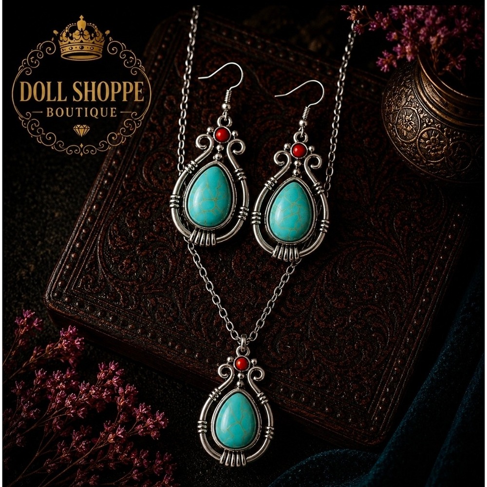 Southwest Turquoise Teardrop Necklace & Earring Set